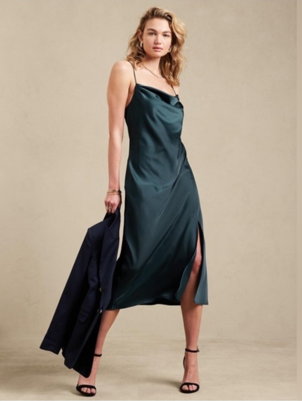 Banana Republic Slip Midi Dress Cowl Neck XS Green Emerald Pine